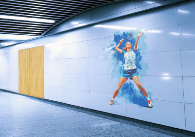 A mural of a badminton player.